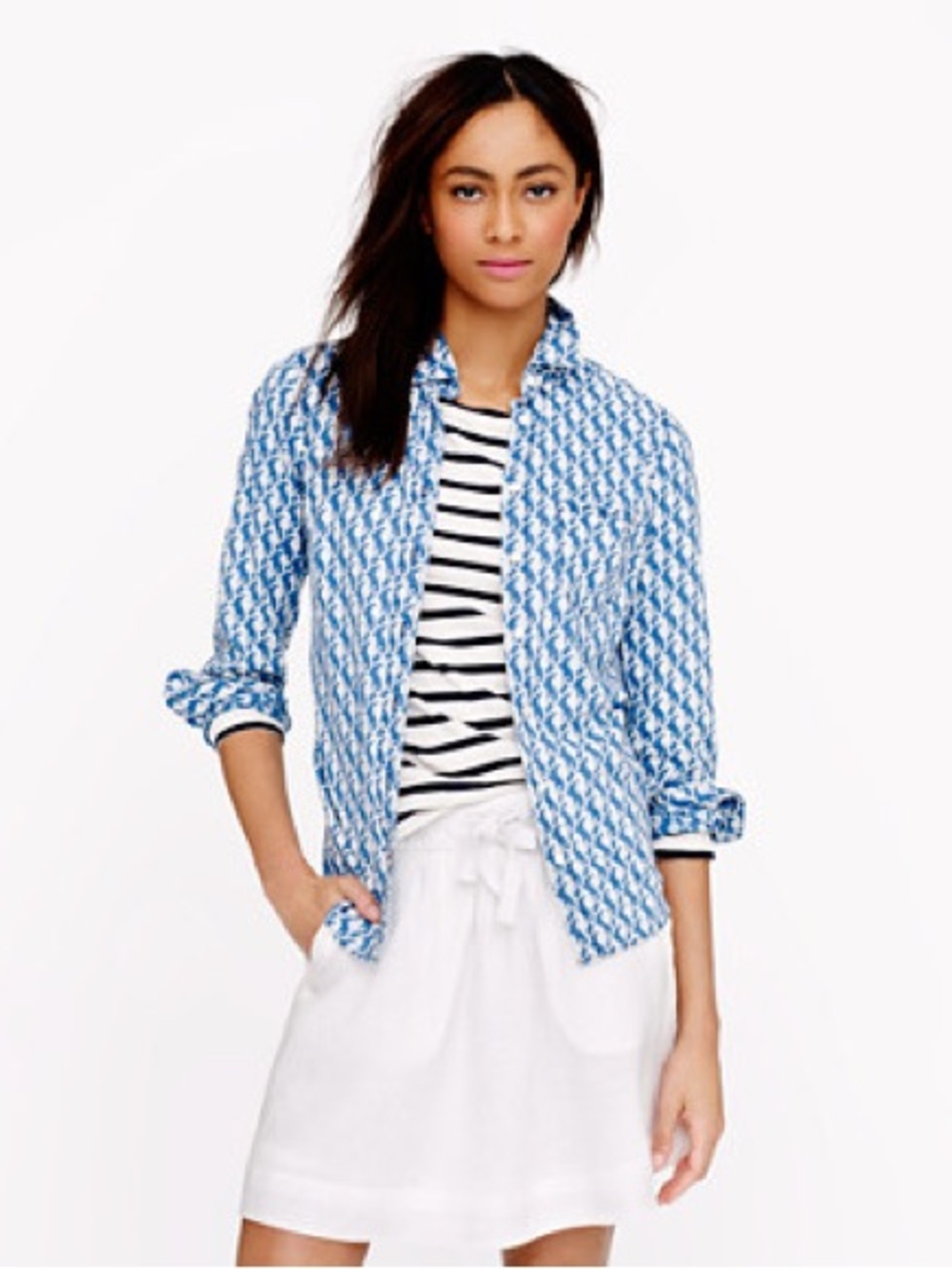 Nautical J.Crew Blue White Seahorse Print Long Sleeve Button Down Shirt Beach
